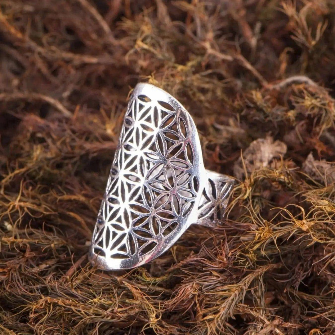 Blume des Lebens Ring verstellbar Messing versilbert - Ritualmanufaktur.de
