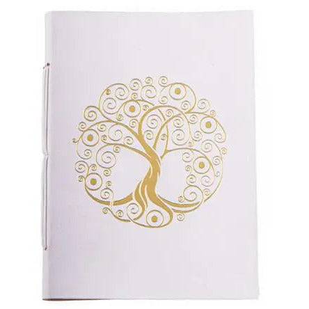 Schreibbuch Yggdrasil mit Ledereinband in weiß und gold - Ritualmanufaktur.de