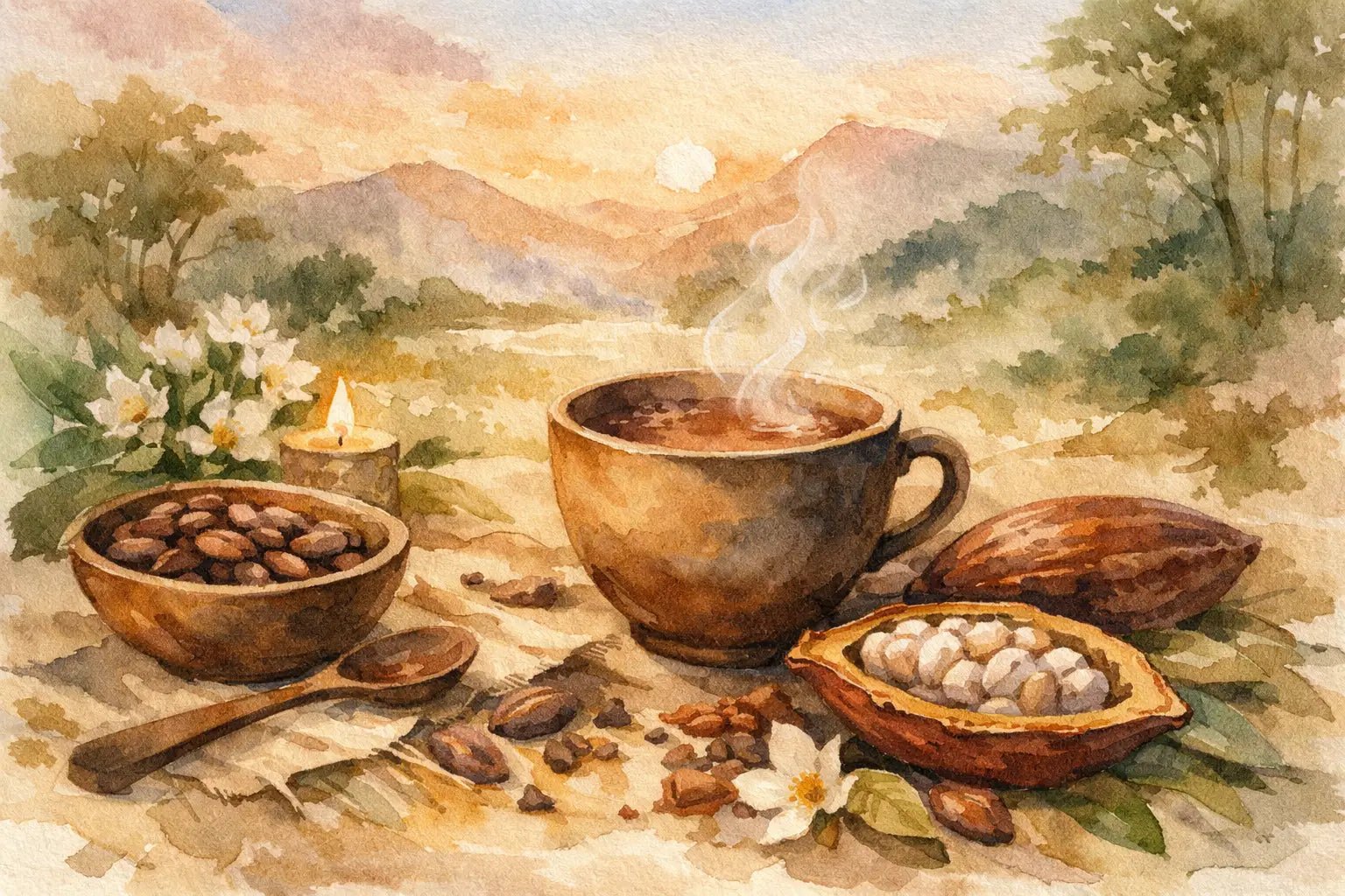 ritualkakao in einer Tasse mit Kakaobohnen