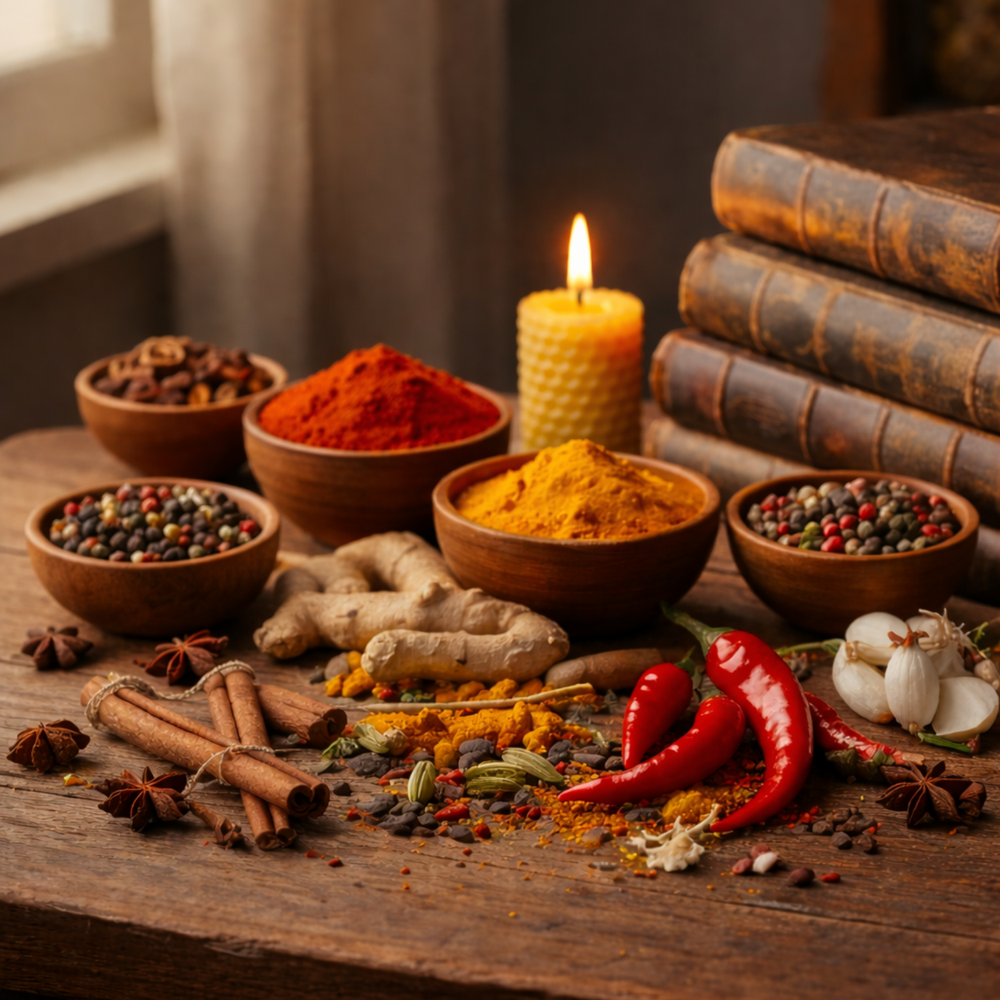 Tisch mit vielen Gewürzen