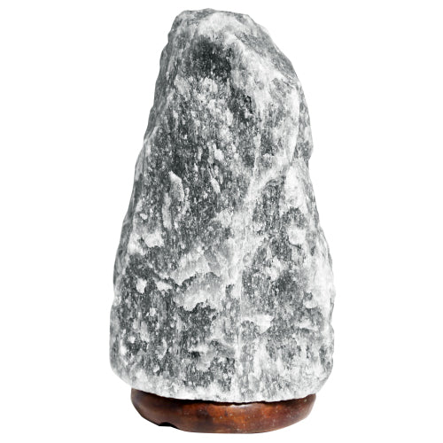 Graue Himalaya-Salzkristall Lampe mit Holzsockel 3-5 kg