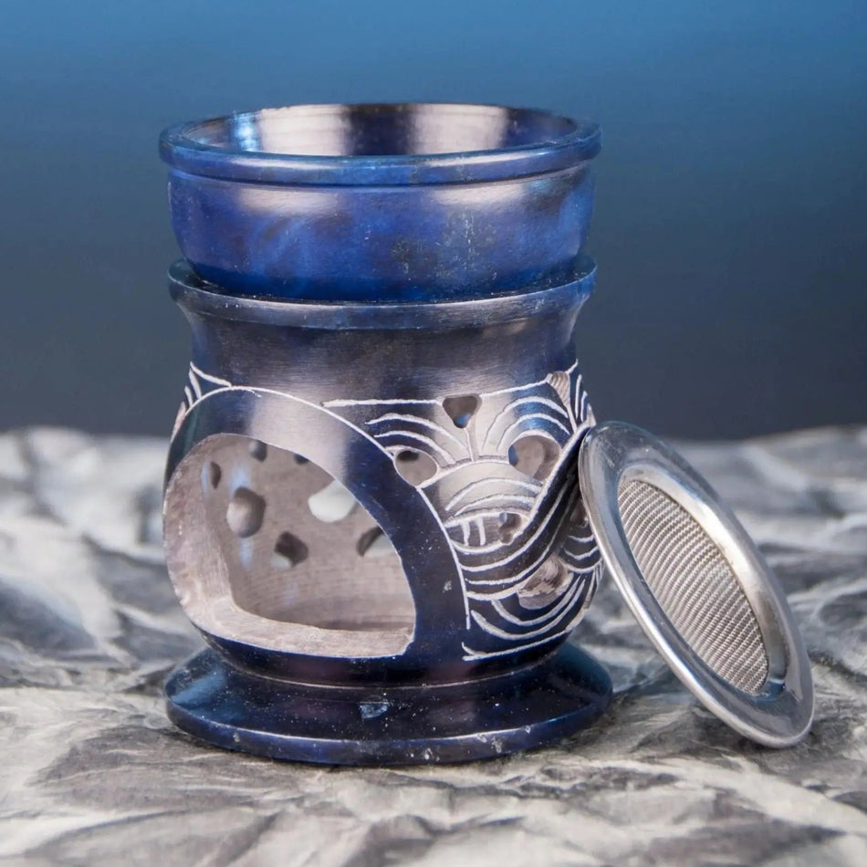 Aromalampe "Keltischer Knoten" mit Sieb Speckstein blau, 10 cm hoch - Ritualmanufaktur.de