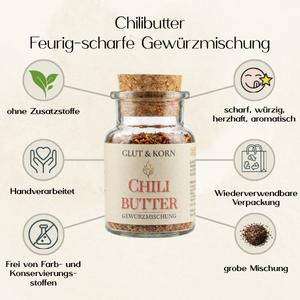 Chilibutter Gewürzmsischung zum Würzen von Speisen und Erstellung von Chilibutter, sehr scharf, Ritualmanufaktur, Glut & Korn