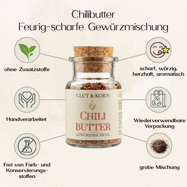 Chilibutter Gewürzmsischung zum Würzen von Speisen und Erstellung von Chilibutter, sehr scharf, Ritualmanufaktur, Glut & Korn