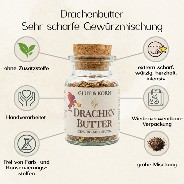 Drachenbutter Gewürzmsischung zum Würzen von Speisen und Erstellung von sehr scharfer Butter, extrem scharf, Ritualmanufaktur, Glut & Korn
