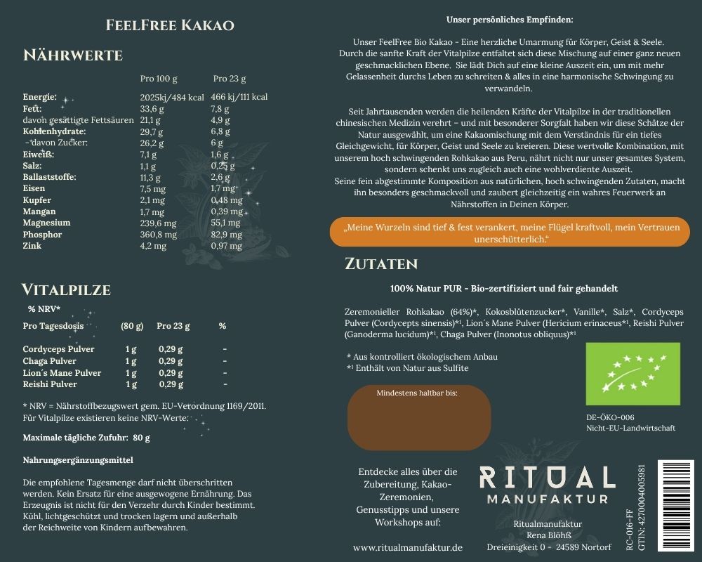 FeelFree Bio Zeremonie-Kakao aus Peru mit Vitalpilzen