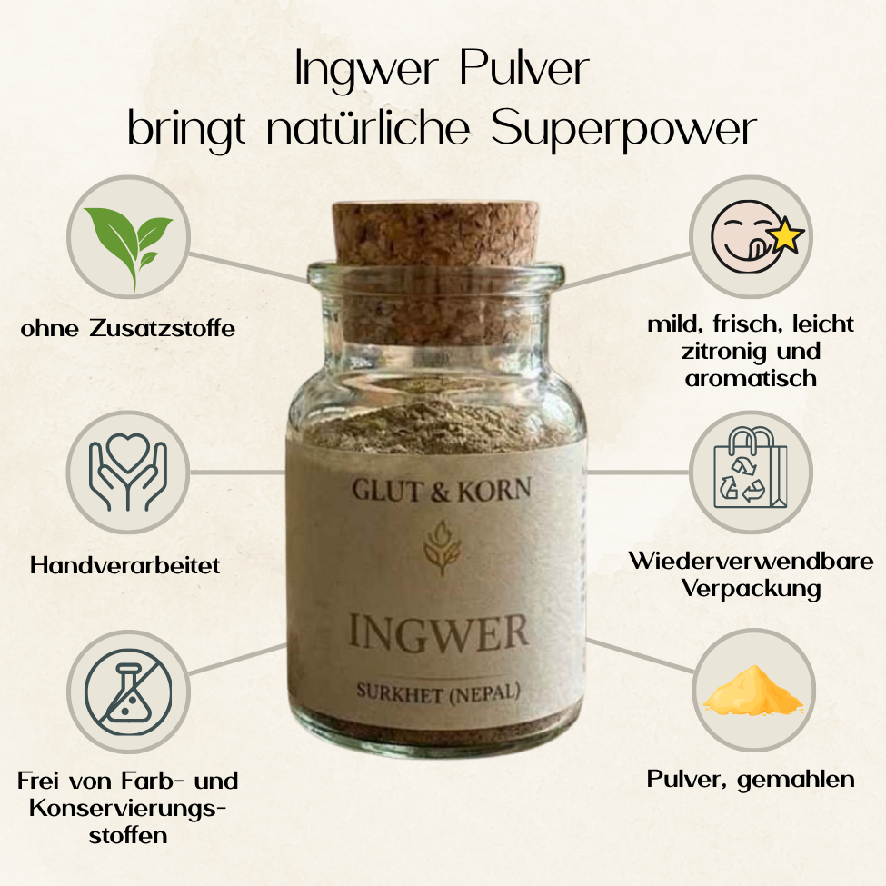 Ingwer Pulver zum Würzen und Verfeinern 60g Glas Ritualmanufaktur, schwarz zitronig