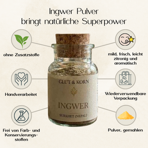 Vorteile vom Ingwerpulver, zum Würzen von Speisen, bringt natürliche Power, Ritualmanufaktur, Glut & Korn