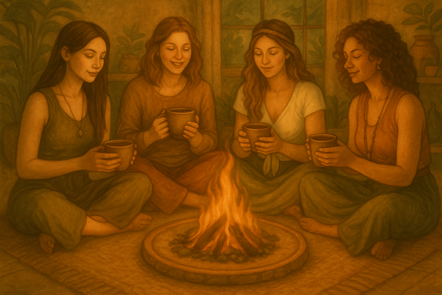 Frauen sitzen mit einer Tasse Kakao um ein Lagerfeuer herum