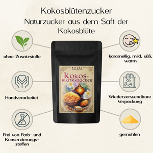 Kokosblütenzucker aus dem Saft einer Kokosblüte, Karamellig Mild und süß, zum Süßen von Ritualkakao, Porridge und vieles mehr, Ritualmanufaktur, Glut & Korn