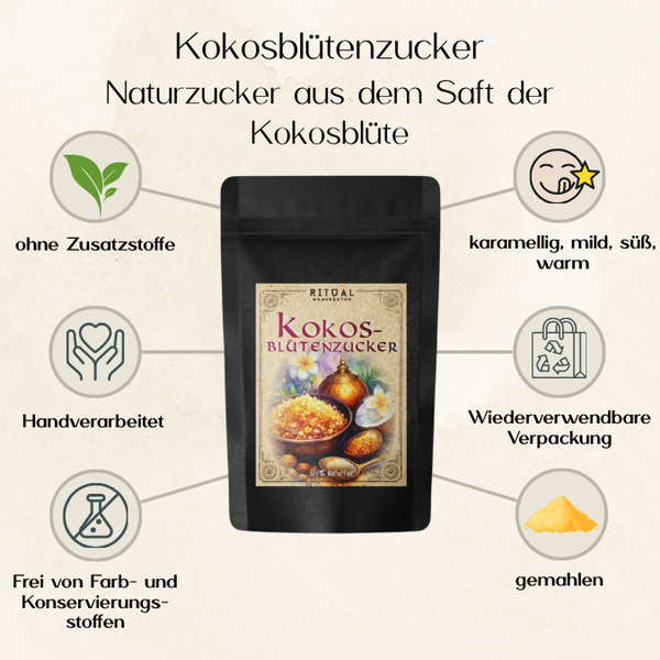 Kokosblütenzucker aus dem Saft einer Kokosblüte, Karamellig Mild und süß, zum Süßen von Ritualkakao, Porridge und vieles mehr, Ritualmanufaktur, Glut & Korn