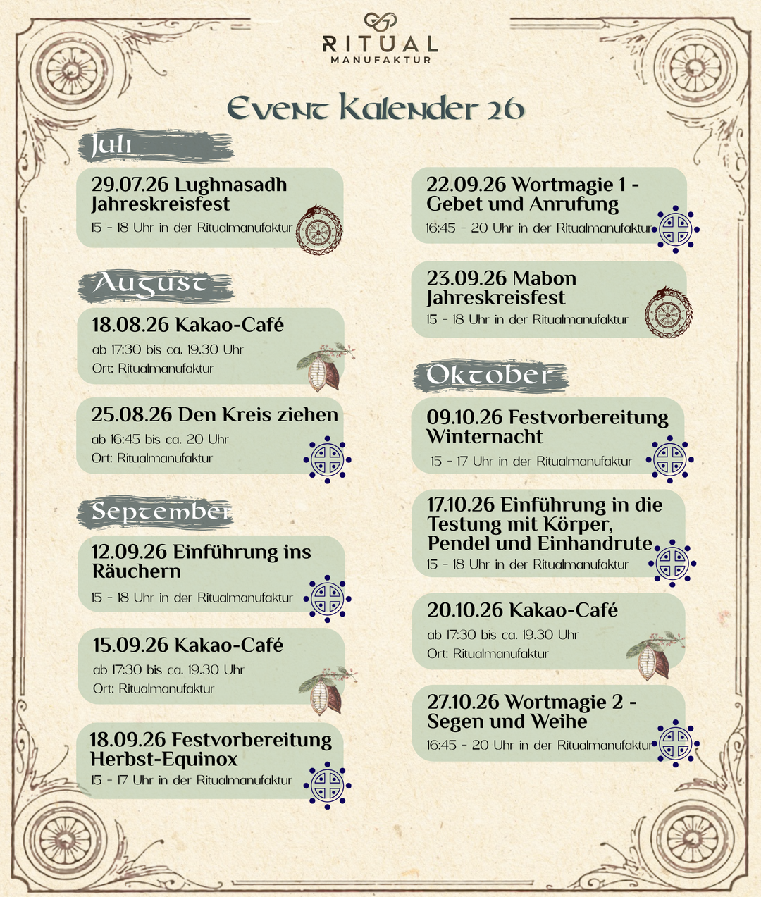 Termine für unsere Events in der Ritualmanufaktur Teil 1