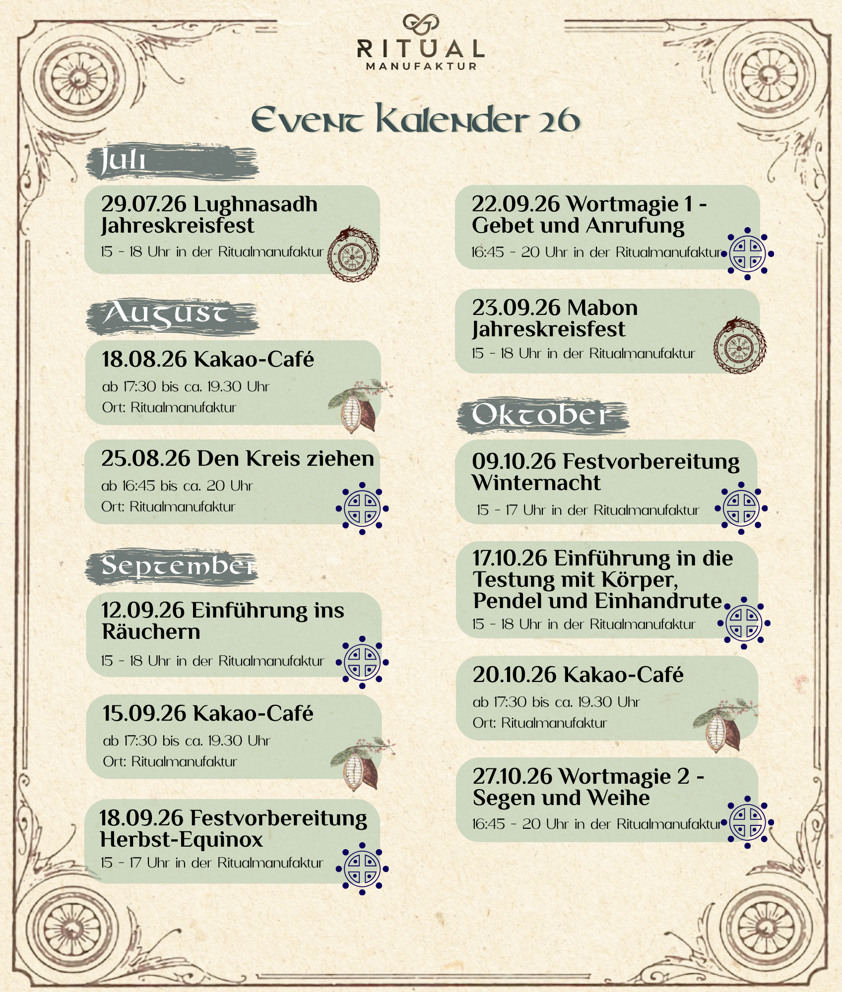 Termine für unsere Events in der Ritualmanufaktur Teil 1