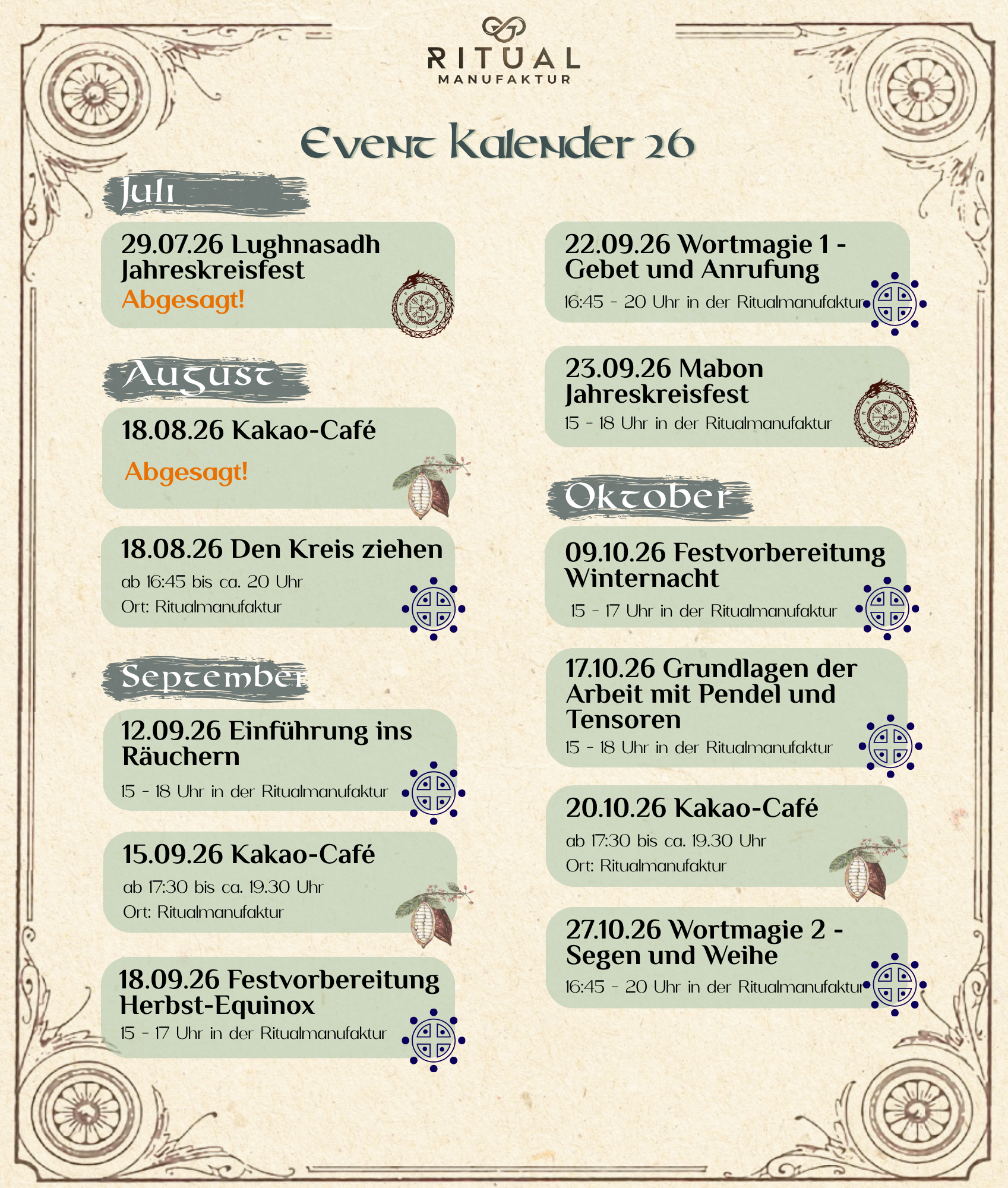 Event Kalender 2tes Halbjahr 2026 Ritualmanufaktur