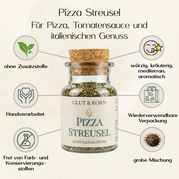 Pizza Streusel Gewürzmischung zum Würzen von Pizza Tomatensauce und italienischen Gerichten, Ritualmanufaktur, Glut & Korn