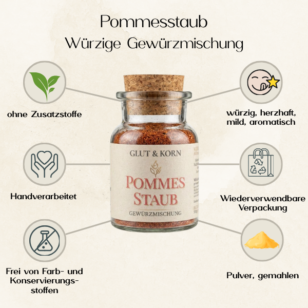 Pommesstaub Gewürzmischung zum Würzen von Pommes und Kartoffeln, Ritualmanufaktur, Glut & Korn