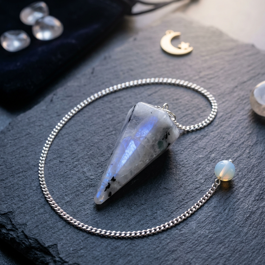 Regenbogenmondstein Sechskantpendel Weissagung I Ritualmanufaktur