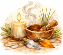 Räucherschale, Pendel, Kerze und Räucherstäbchen