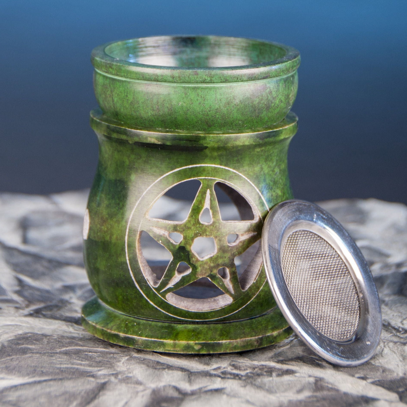 Aromalampe "Pentagramm" mit Sieb Speckstein grün, 10 cm hoch Berk