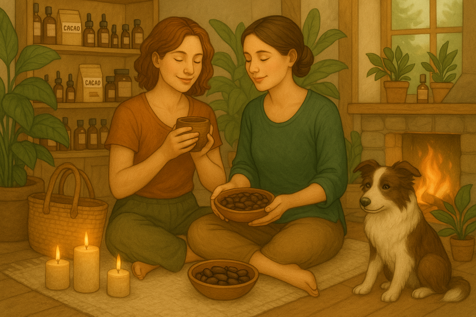 zwei frauen sitzen auf dem Boden mit einem Hund