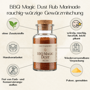 Vorteile von BBQ Magic Dust Rub Marinade, zum Würzen von Fleisch, Tofu, Fleischalternativen oder Gemüse, für einen BBQ-Geschmack und ein Grillerlebnis, 190g - Ritualmanufaktur.de Glut & Korn