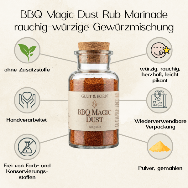 Vorteile von BBQ Magic Dust Rub Marinade, zum Würzen von Fleisch, Tofu, Fleischalternativen oder Gemüse, für einen BBQ-Geschmack und ein Grillerlebnis, 190g - Ritualmanufaktur.de Glut & Korn