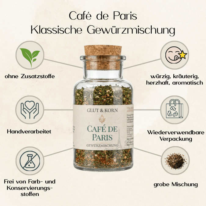 Café de Paris klassische Gewürzmischung für Soßen und Dip und zum Verfeinern von Gemüse und Fleisch, 110g, Ritualmanufaktur Glut & Korn