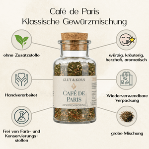Vorteile von Café de Paris klassische Gewürzmischung für Soßen und Dip und zum Verfeinern von Gemüse und Fleisch, 110g, Ritualmanufaktur Glut & Korn