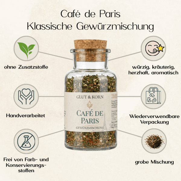 Vorteile von Café de Paris klassische Gewürzmischung für Soßen und Dip und zum Verfeinern von Gemüse und Fleisch, 110g, Ritualmanufaktur Glut & Korn