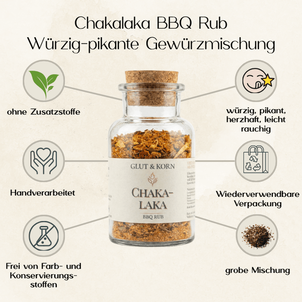 Vorteile von Chakalaka Gewürzmischung, BBQ Rub perfekt für ein Dry Rub mit Fleisch, Gemüse oder Alternativen, 130g, Ritualmanufaktur Glut & Korn
