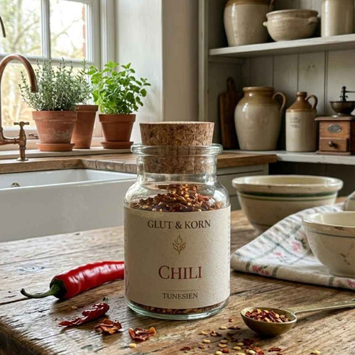 Chili Flocken aus Tunesien, im Glas 50 g, zum Würzen und Schärfen - Ritualmanufaktur.de