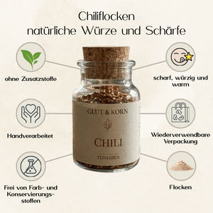 Vorteile Chiliflocken aus Tunesien zum Würzen und Schärfen von Speisen und Kakao, Ritualmanufaktur Glut & Korn
