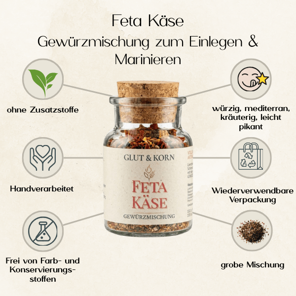 Feta Käse Gewürzmsischung zum Würzen & Marinieren von Speisen, oder Einlegen von Feta Käse,  Ritualmanufaktur, Glut & Korn
