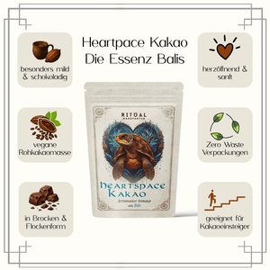 Vorteile Infografik Heartspace zeremonieller Rohkakao, vegan Rohkakaomasse, Ritualkakao, 500g, aus Bali, Ritualmanufaktur