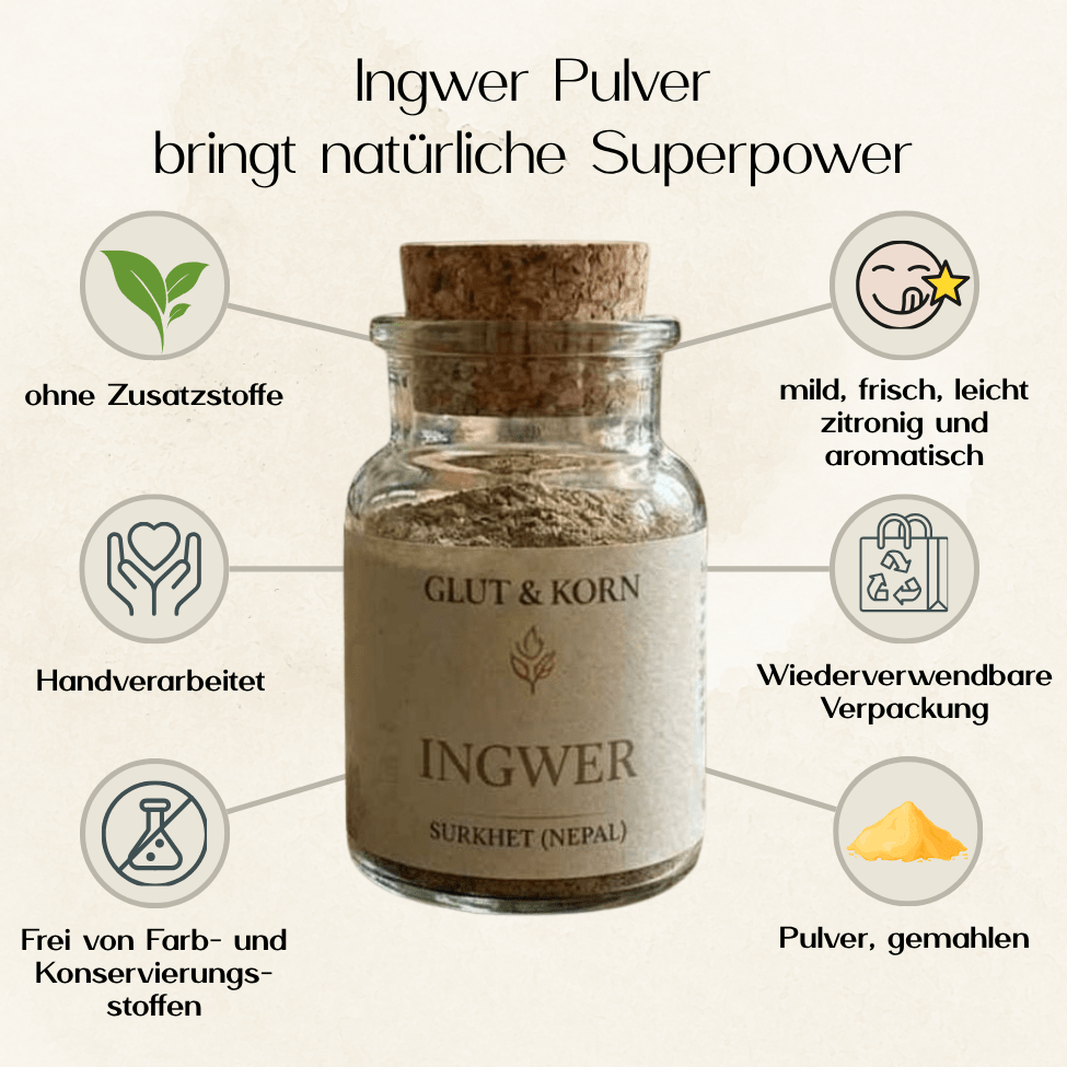 Ingwer Pulver zum Würzen und Verfeinern 60g Glas Ritualmanufaktur, schwarz zitronig