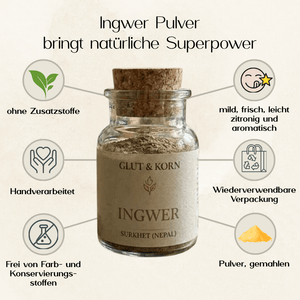 Vorteile vom Ingwerpulver, zum Würzen von Speisen, bringt natürliche Power, Ritualmanufaktur, Glut & Korn