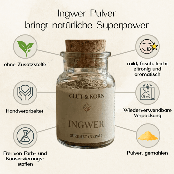 Vorteile vom Ingwerpulver, zum Würzen von Speisen, bringt natürliche Power, Ritualmanufaktur, Glut & Korn