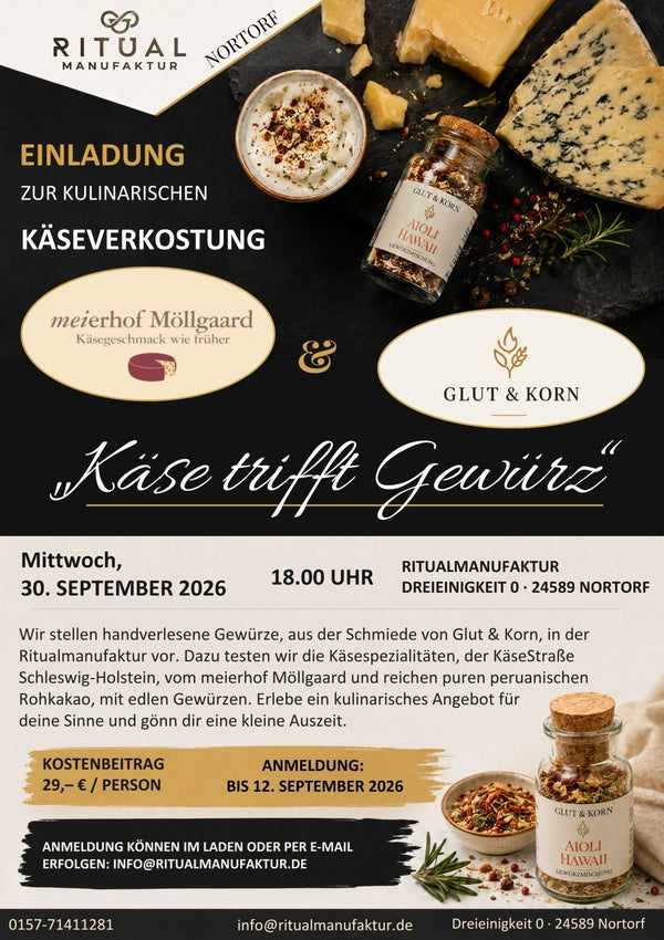 Flyer für das Event in der Ritualmanufaktur "Käse trifft Gewürz"