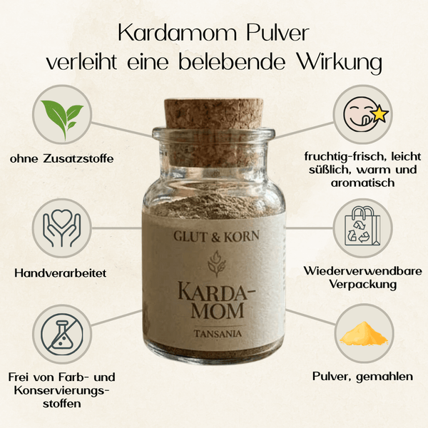 Vorteile Kardamom Pulver, aus Tansania zum Würzen deiner Speisen, Ritualmanufaktur Glut & Korn