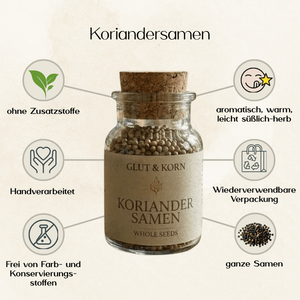 Vorteile Koriandersamen, ganze Samen zum Würzen von Speisen, Ritualmanufaktur Glut & Korn
