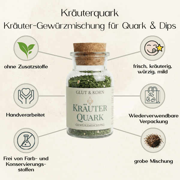 Vorteile von Kräuterquark Gewürzmischung zum Verfeinern von Quarks und Dip, frische Gewürzmischung, Ritualmanufaktur Glut & Korn