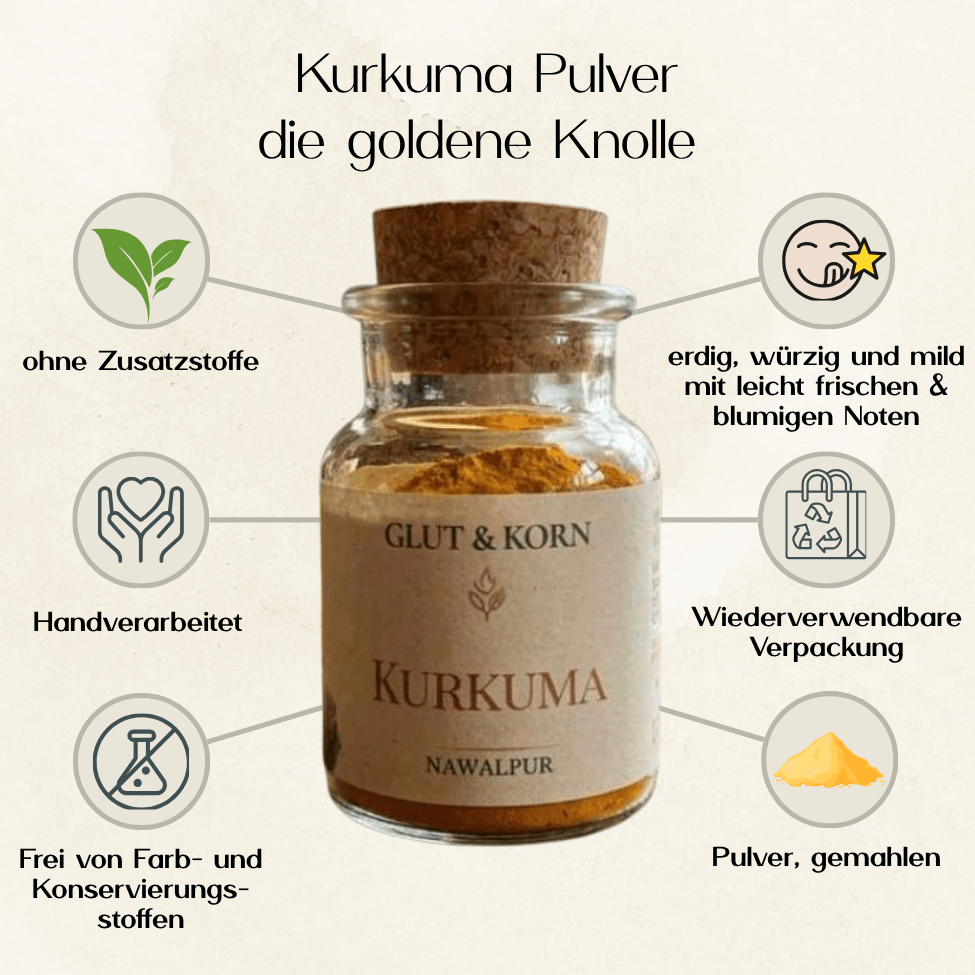 Kurkuma Pulver gemahlen zum Verfeinern von Speisen und Getränken 50g im Glas  Ritualmanufaktur.de