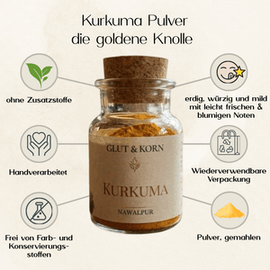 Vorteile Kurkuma Pulver, gemahlen, für Speisen oder Getränke, Ritualmanufaktur, Glut & Korn