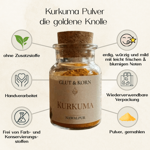 Vorteile Kurkuma Pulver, gemahlen, für Speisen oder Getränke, Ritualmanufaktur, Glut & Korn