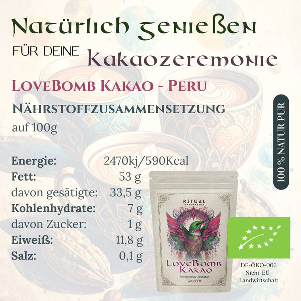 LoveBomb Bio Zeremonie - Kakao Criollo Rohkakao aus Peru - Ritualmanufaktur.de