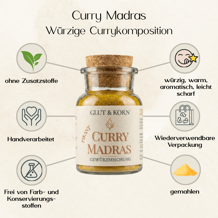 Curry Madras Gewürzmischung, Curry zum Verfeinern von Speisen, Ritualmanufaktur Glut & Korn
