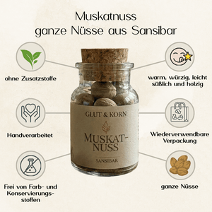 Vorteile Muskatnuss, ganze Nüsse, zum Verfeinern von Speisen, Ritualmanufaktur, Glut & Korn