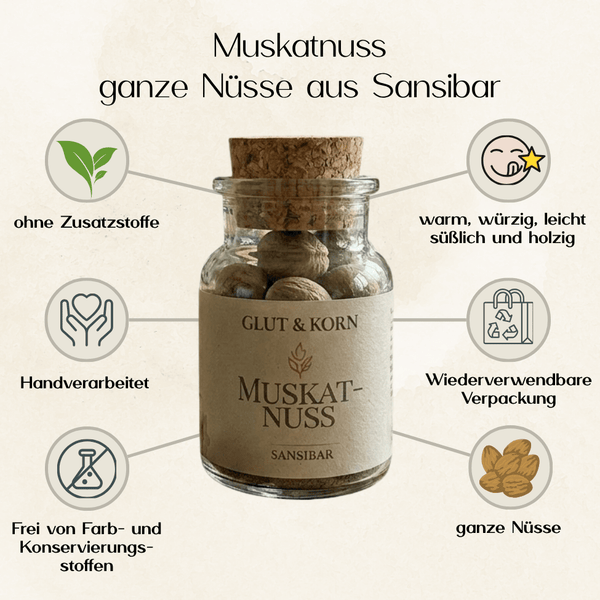 Vorteile Muskatnuss, ganze Nüsse, zum Verfeinern von Speisen, Ritualmanufaktur, Glut & Korn