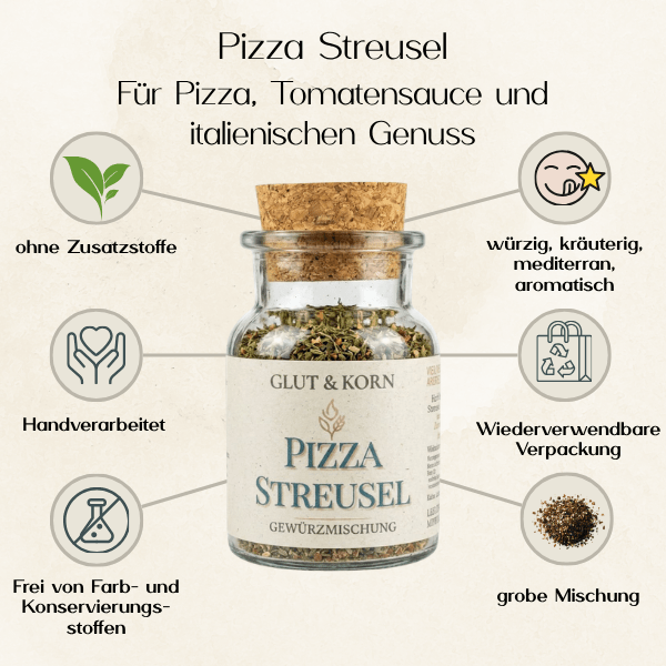 Pizza Streusel Gewürzmischung zum Würzen von Pizza Tomatensauce und italienischen Gerichten, Ritualmanufaktur, Glut & Korn
