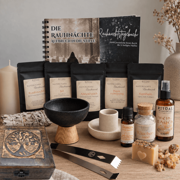 Rauhnächte Starterset, der Begleiter für deine Raunächte, mit Räucherwerk, Arbeitsbuch, Rohkakao, Palo Santo, Aura Spray, ätherischem Öl, Räucherschalte, -kohle & -sand 